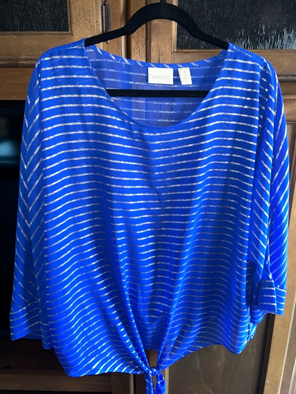 Chico's Cobalt Blue Top with Metallic Silver Stripes and Front Tie